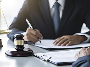 Man in a suit signing documents at a desk with a scale and gavel.